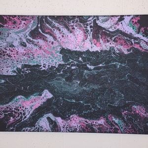 Hand made pour painting 12"x16"x1/2" using black, pink, lavender, and teal